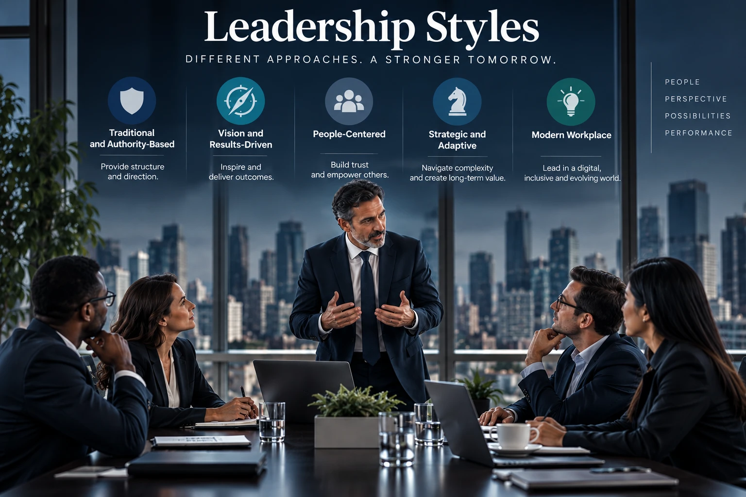 Senior executives discussing leadership styles and organizational performance in a modern corporate boardroom.