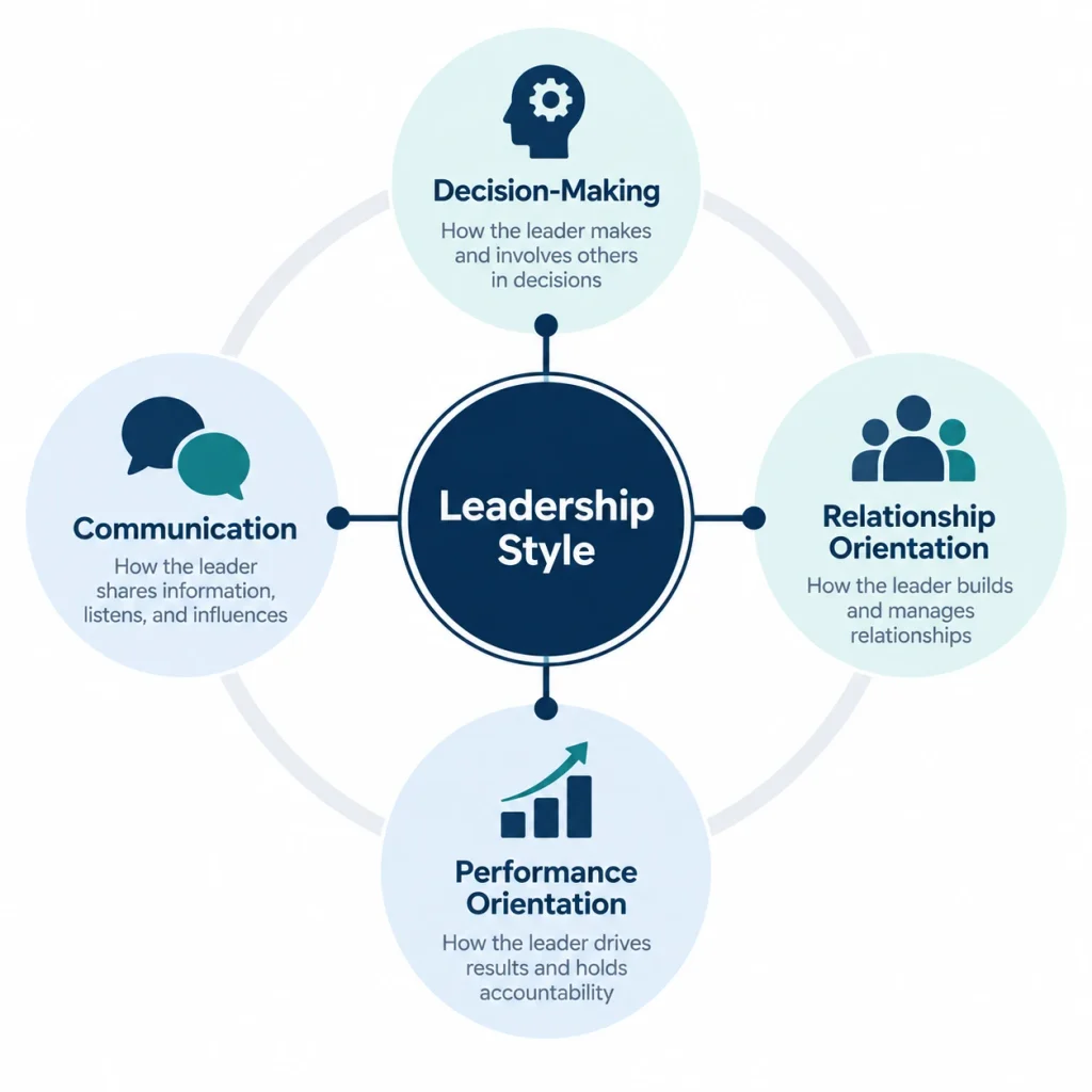 Radial diagram showing the four components of leadership style: decision-making, communication, relationship orientation, and performance orientation.