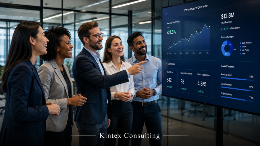 A diverse team collaborating around performance data dashboards, representing the positive outcomes of effective leadership communication.