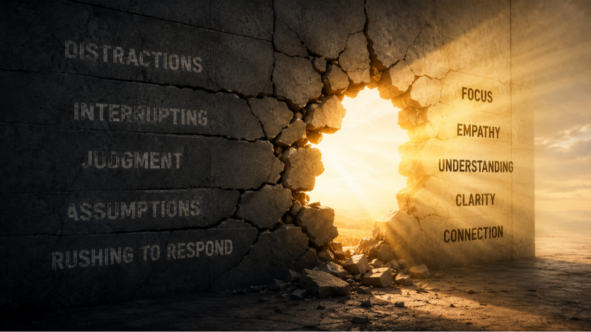An abstract illustration of light breaking through a cracked wall, symbolizing the overcoming of listening barriers.