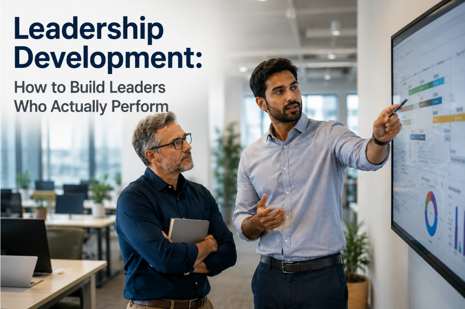 A senior leader listening as a mid-level colleague explains a project plan at a screen in an open-plan office.