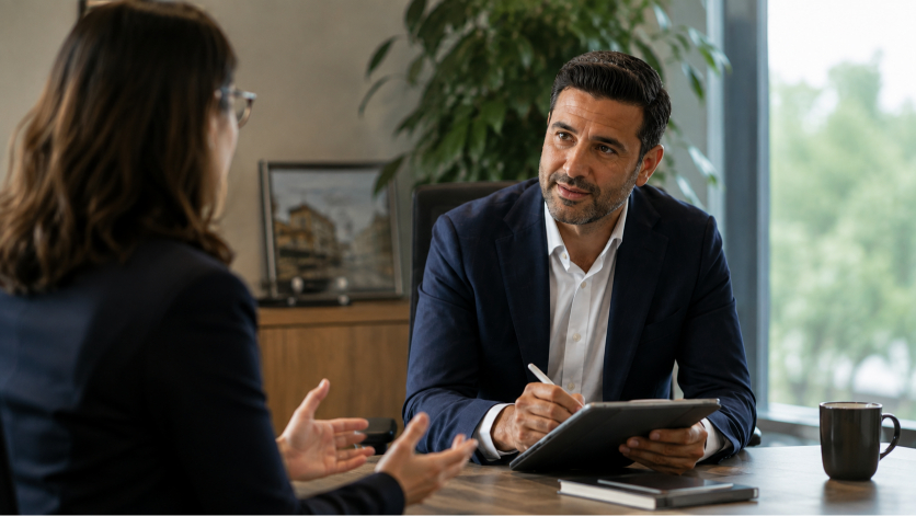 A leader listening attentively during a one-on-one conversation, taking notes and maintaining open body language.