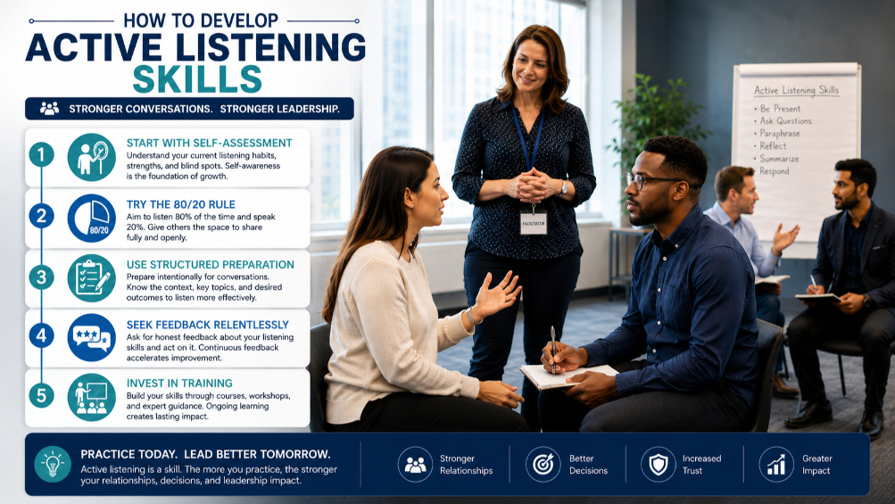 A diverse team practicing active listening exercises in a professional training workshop.