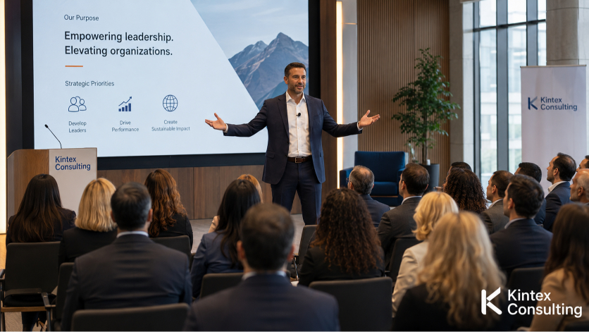 A leader presenting openly to a team in a town hall meeting, with transparent body language and engaged audience members.