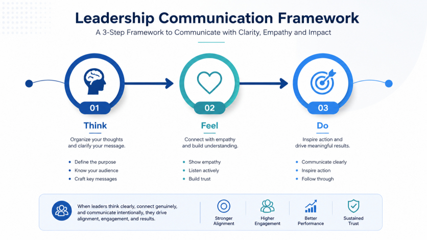 A clean infographic illustrating a three-step leadership communication framework with connected nodes.