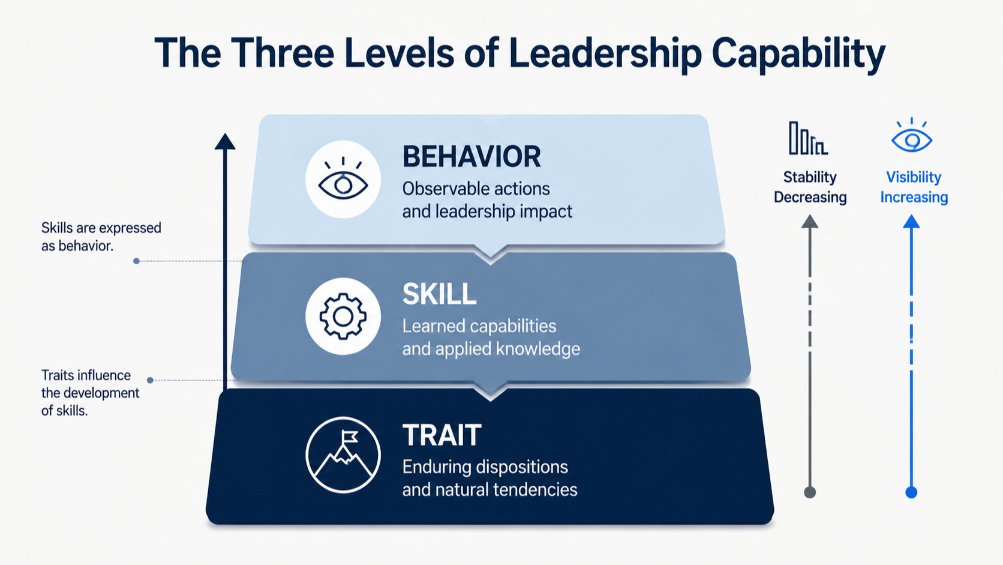 Diagram showing traits at the base, skills in the middle, and behaviors at the top of leadership capability.