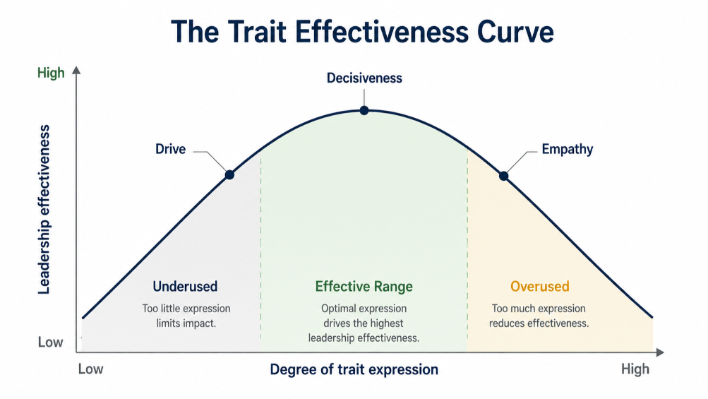 Inverted U curve showing leadership effectiveness rising then falling as a trait moves from underused to overused.