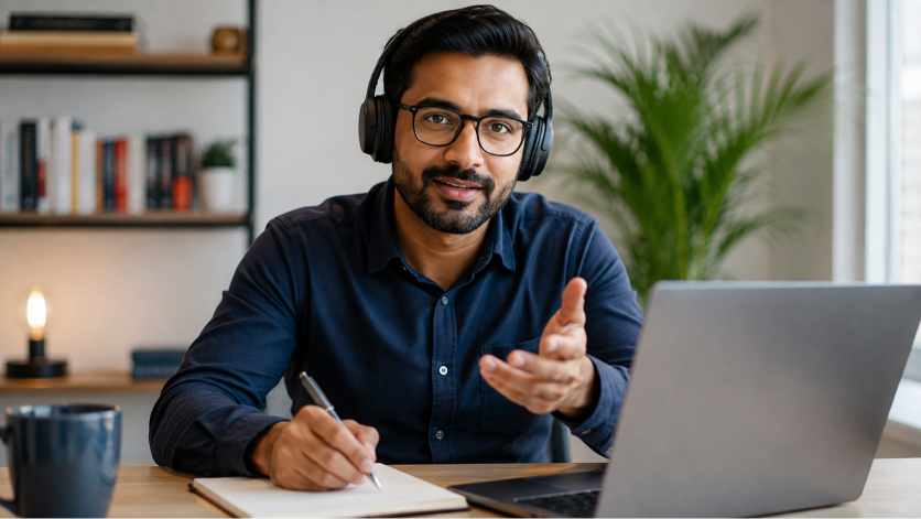 A professional engaged in active listening during a virtual video call, looking into the camera and taking notes.
