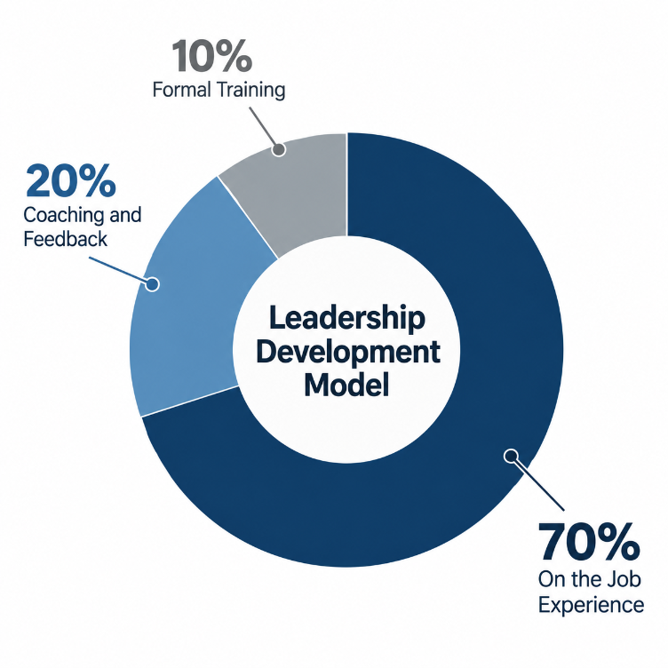 Donut chart illustrating the 70-20-10 leadership development model: seventy percent on the job experience, twenty percent coaching, ten percent formal training.