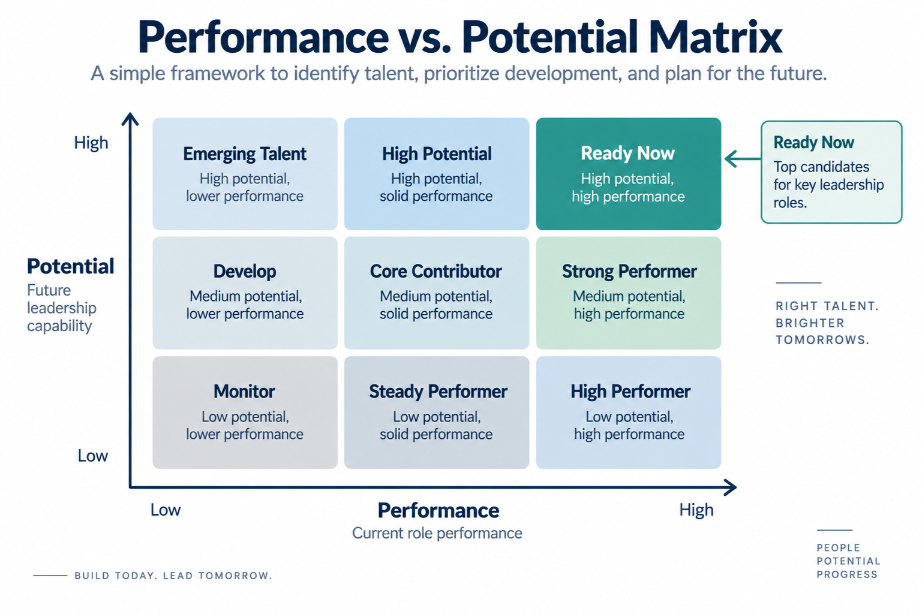 3 by 3 nine box grid plotting employee performance against potential for succession planning.