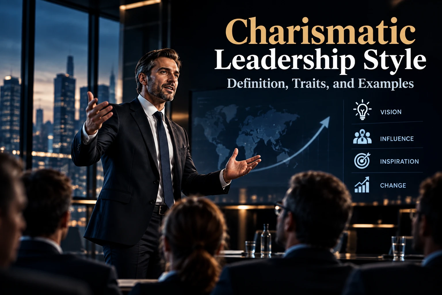 Charismatic executive addressing senior leaders in a modern corporate setting, illustrating vision, influence, inspiration, and leadership change.