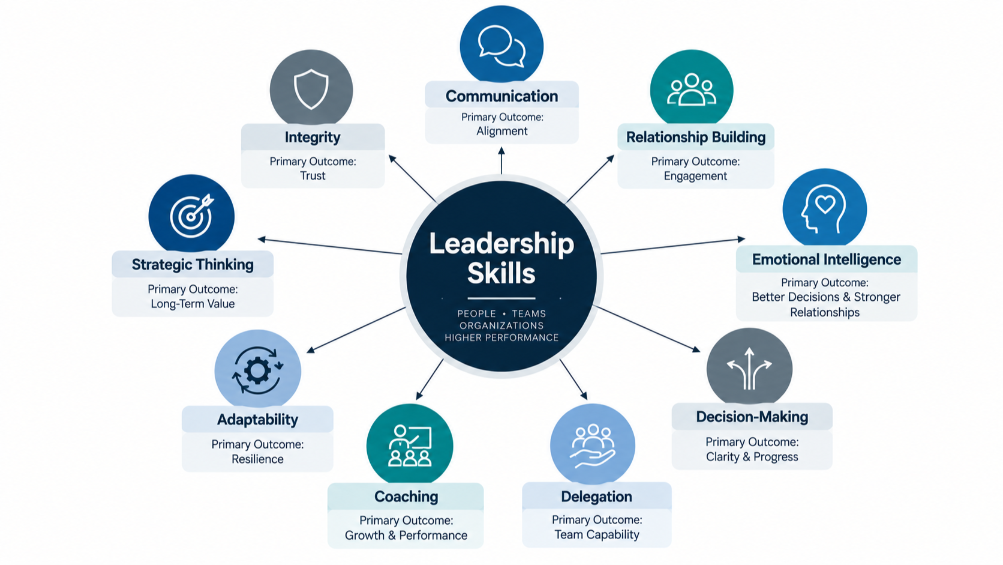Diagram showing nine core leadership skills connected to a central leadership skills hub, each linked to its primary organizational outcome.