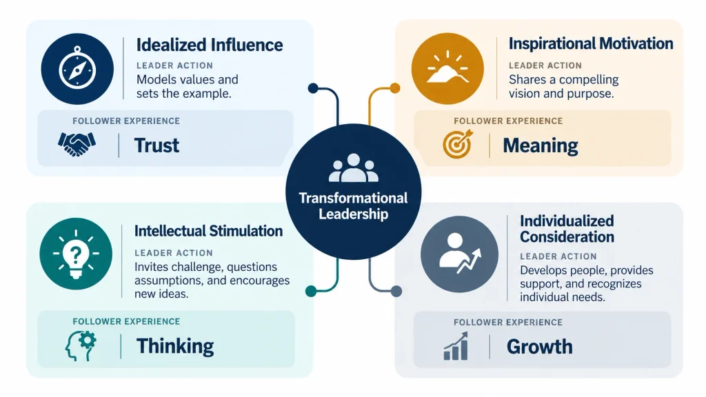 Diagram of the four I's of transformational leadership around a central circle, each paired with a leader action and a follower outcome: trust, meaning, thinking, and growth.