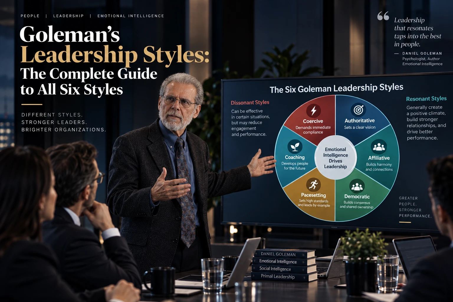 Daniel Goleman presenting the six leadership styles to senior executives in a dark modern boardroom, with a leadership styles diagram displayed on a large screen.