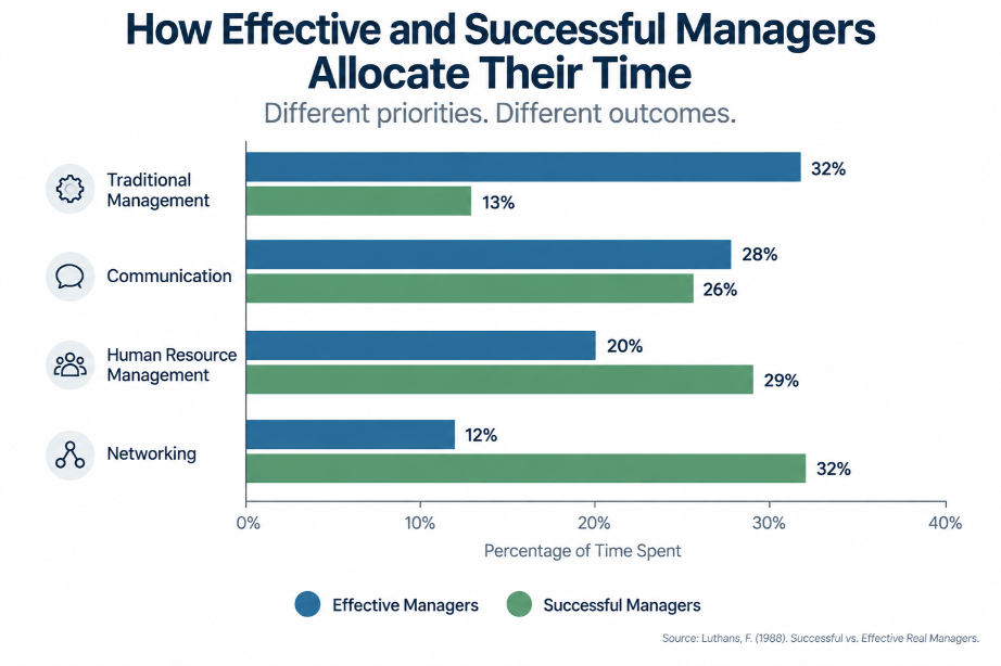 Bar chart comparing how effective managers and successful managers allocate time across communication, human resource management, traditional management, and networking.