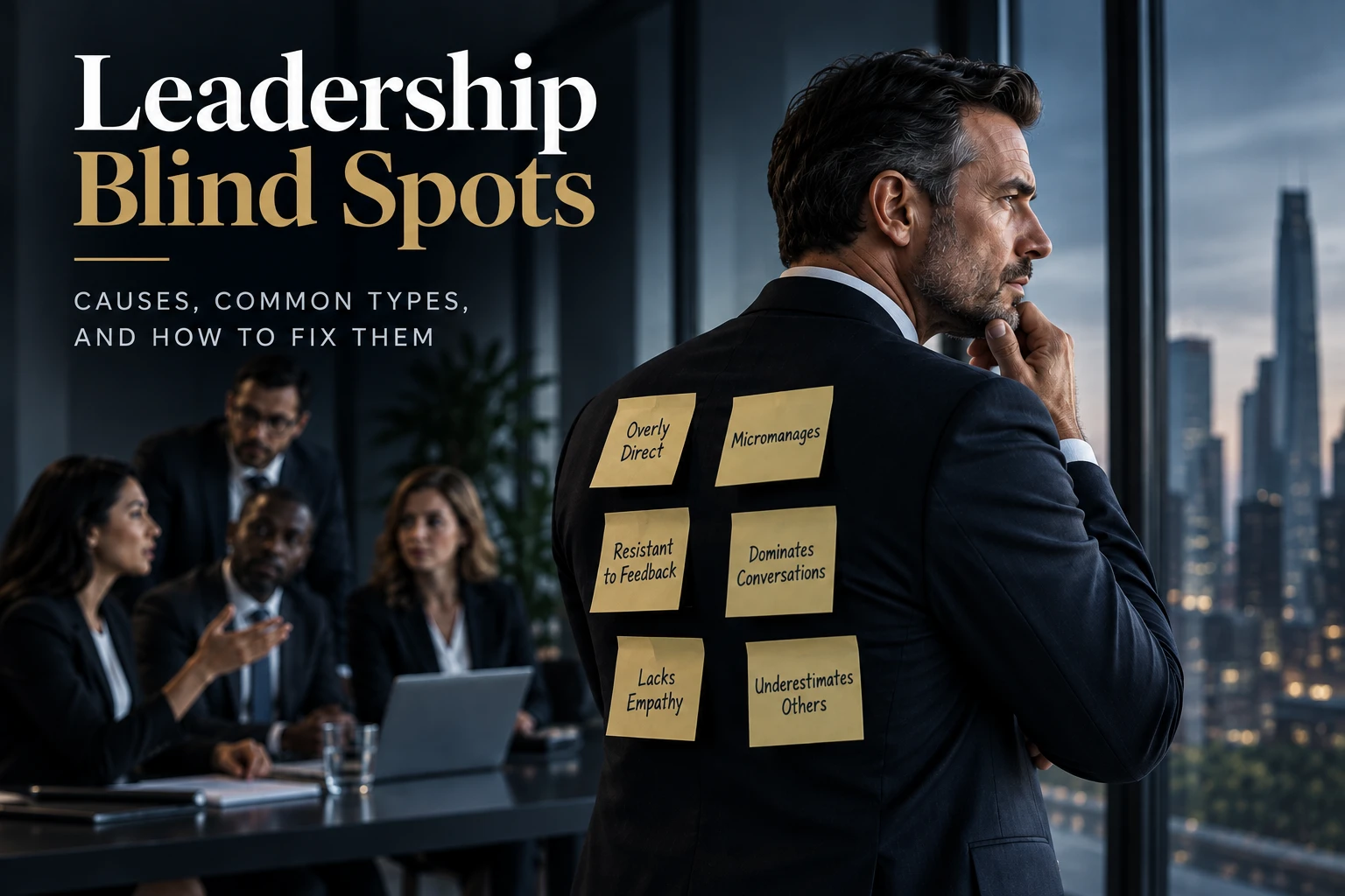 Senior executive reflecting on leadership blind spots in a dark corporate boardroom, with colleagues collaborating in the background and sticky notes representing common leadership challenges.