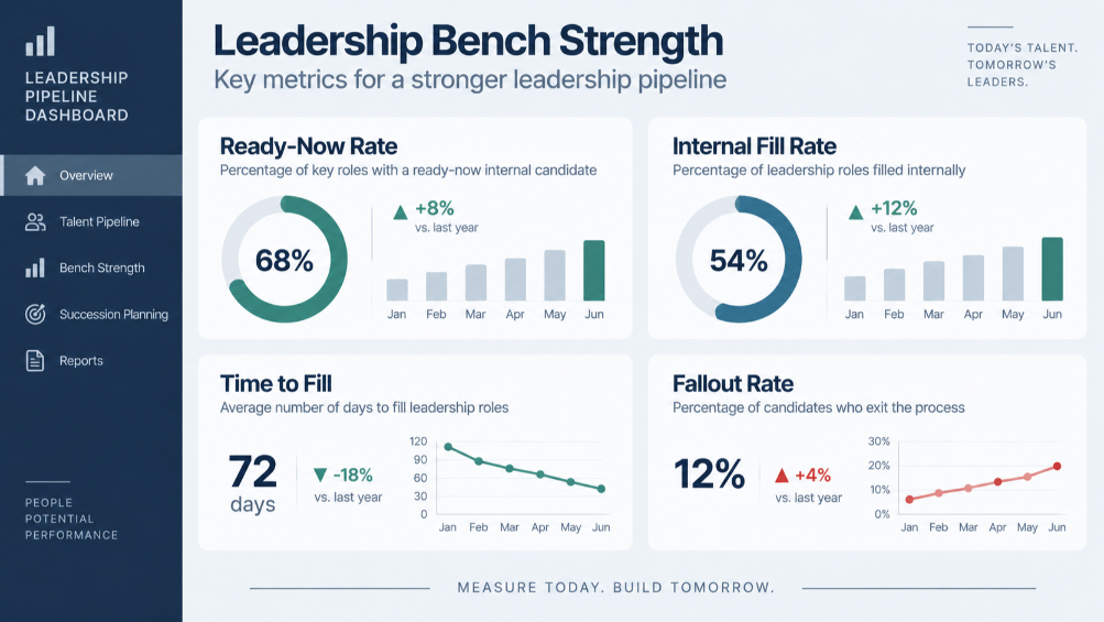 Dashboard mockup illustrating key leadership pipeline health metrics including ready-now rate and internal fill rate