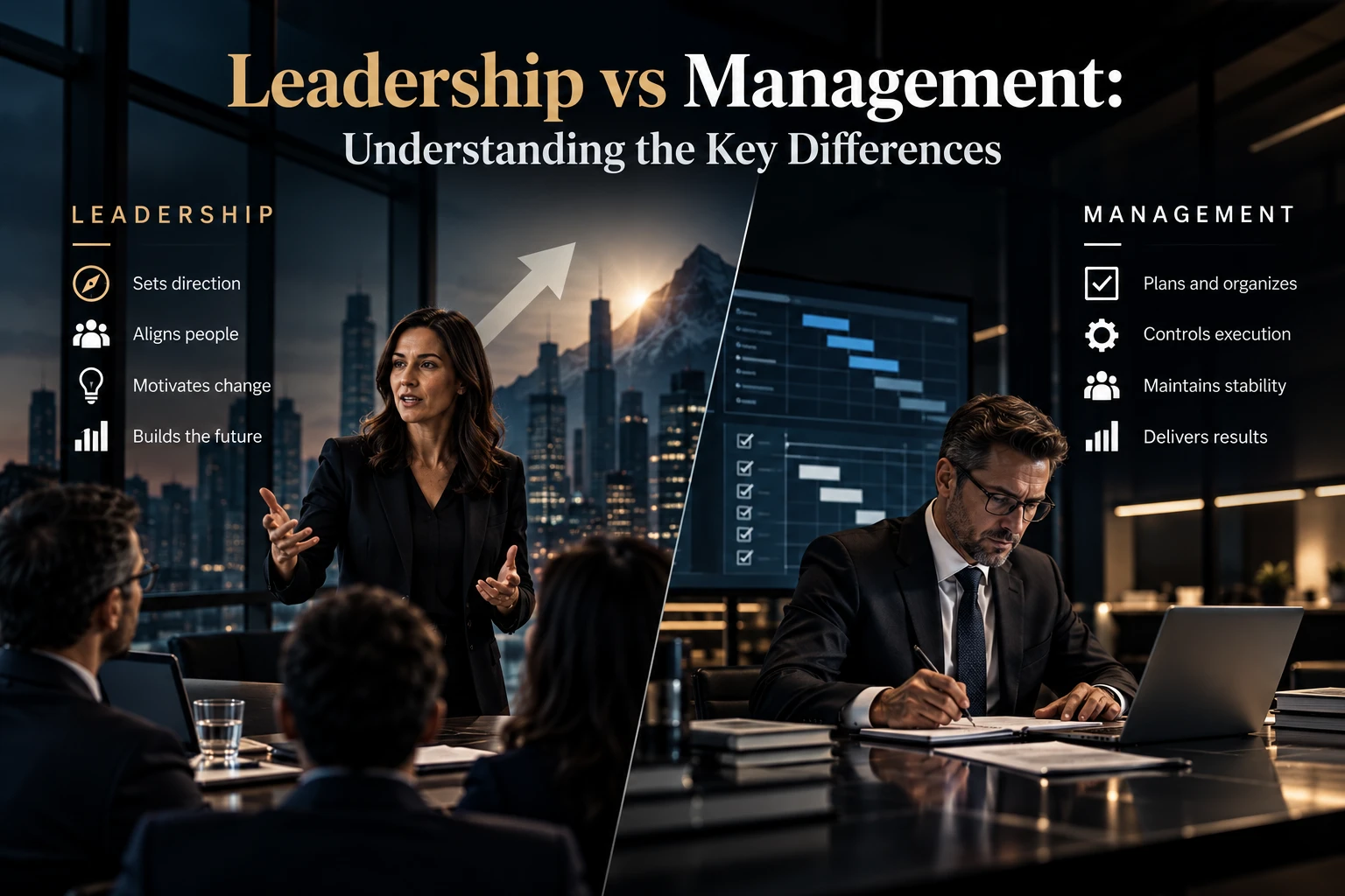 Leadership versus management comparison showing an executive guiding a team on one side and a manager planning and controlling execution on the other.
