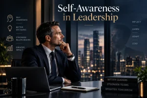 enior executive reflecting on self-awareness and leadership behavior in a modern corporate office.