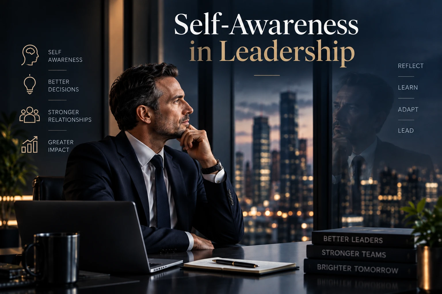 enior executive reflecting on self-awareness and leadership behavior in a modern corporate office.