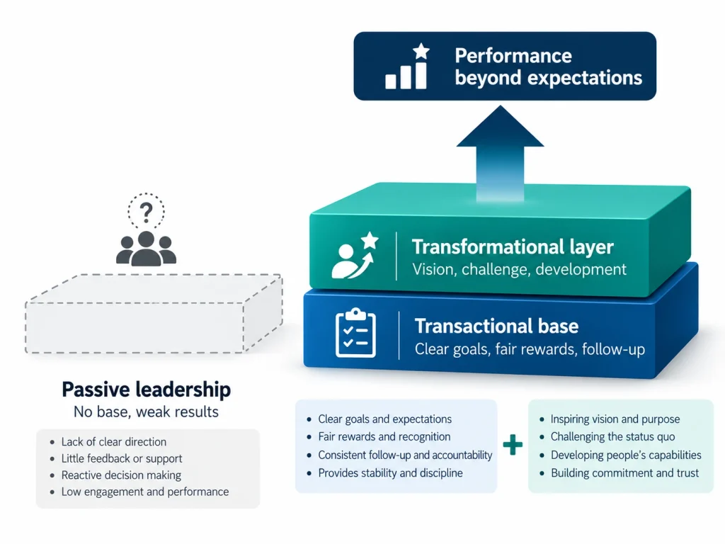 Stacked diagram showing a transformational layer built on top of a transactional base, leading to performance beyond expectations, with passive leadership shown as an empty base.