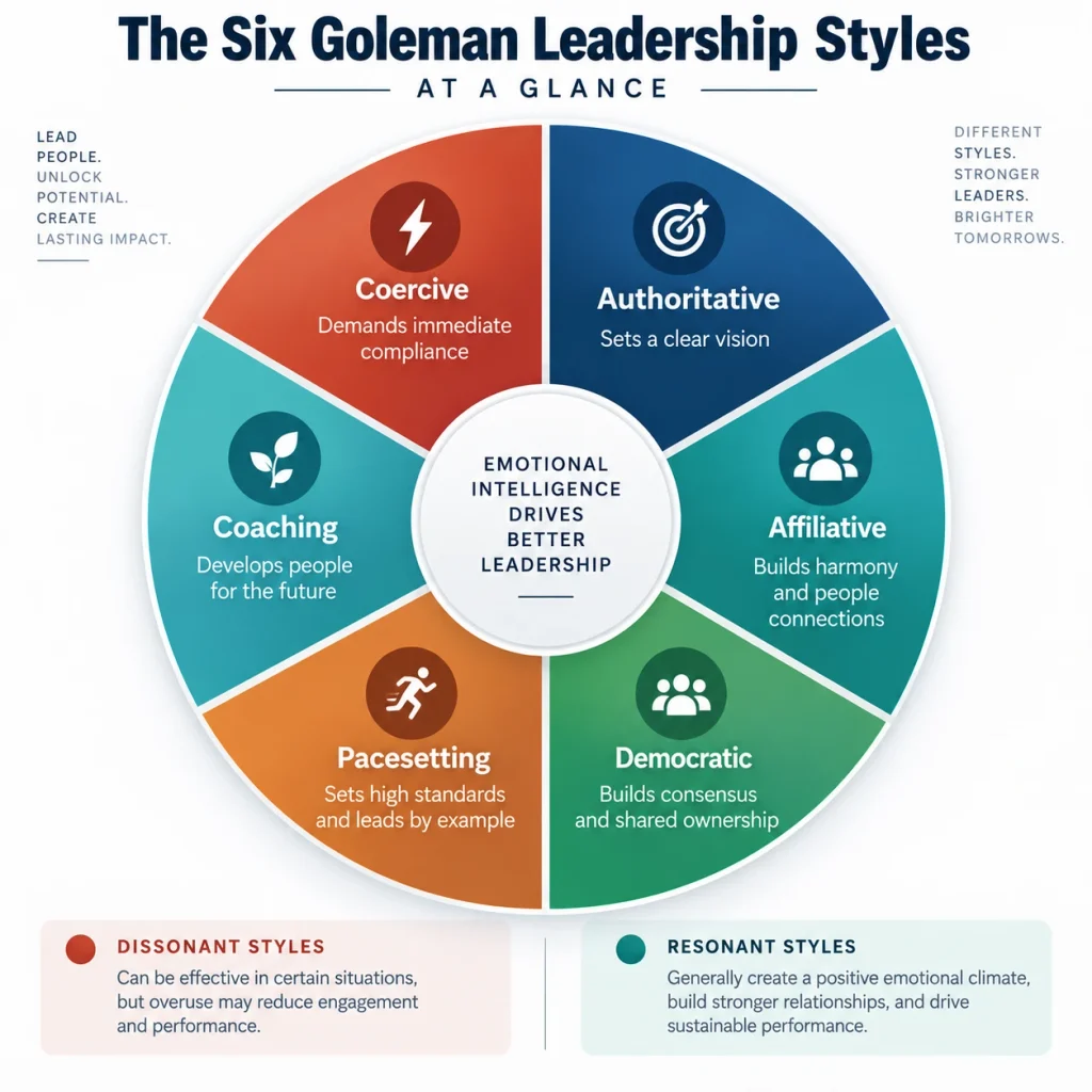 Wheel diagram showing Goleman's six leadership styles grouped into resonant and dissonant categories.
