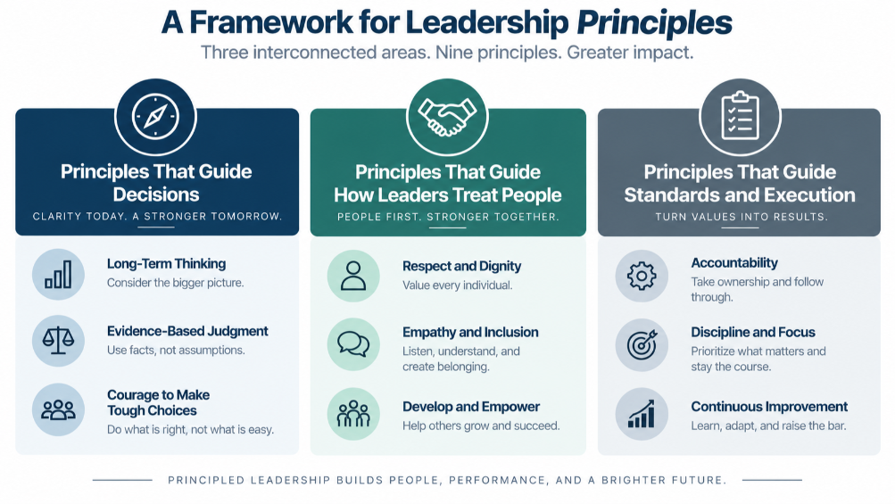 Diagram grouping core leadership principles into three categories: decisions, people, and standards.