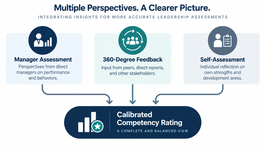 Diagram showing manager assessment, 360-degree feedback, and self-assessment combining into one calibrated competency rating.