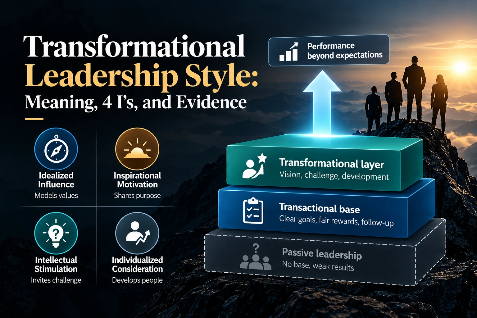 Transformational leadership illustration showing the four I's, a transactional foundation, transformational behaviors, and performance beyond expectations.