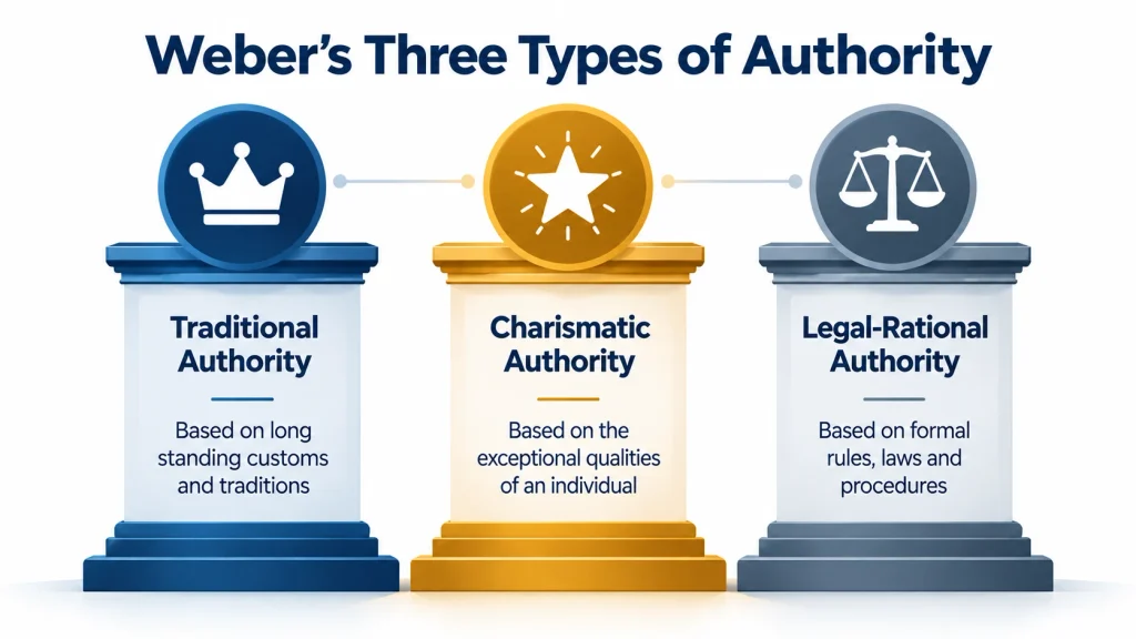 Diagram comparing Weber's three types of authority: traditional, charismatic, and legal-rational.