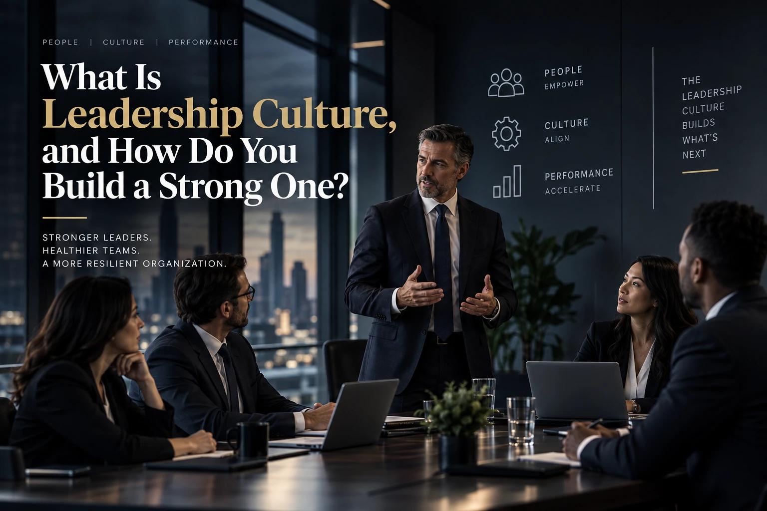 Senior executive leading a diverse leadership team discussion in a dark modern boardroom, representing strong leadership culture and organizational performance.